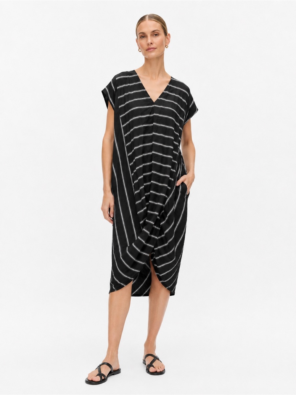 Designer French XL Stripe Avant Garde Relaxed Architectural Draped Midi Dress